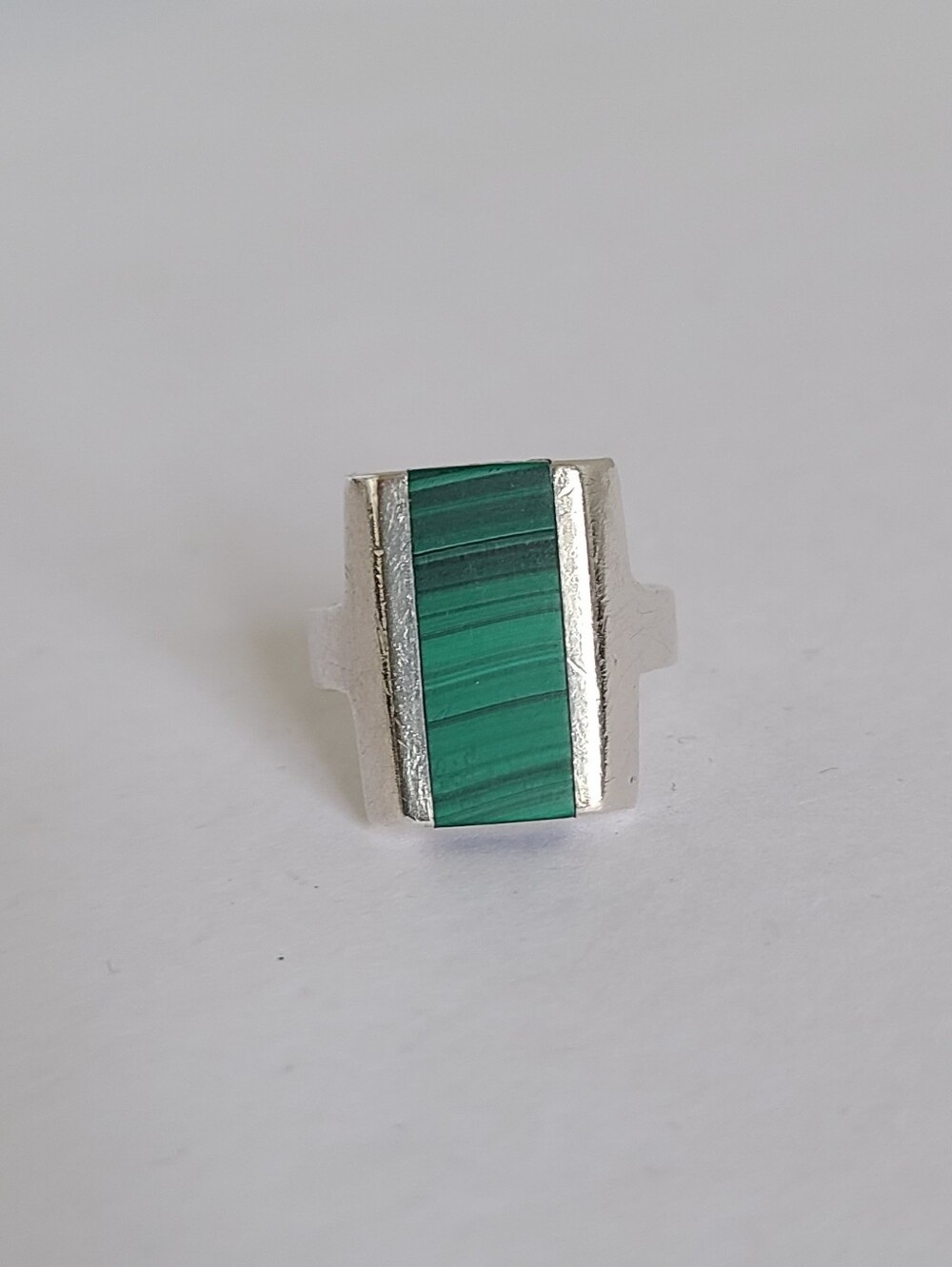Vintage Chunky Boho Solid Sterling Silver Green Malachite Inlay Square Ring
